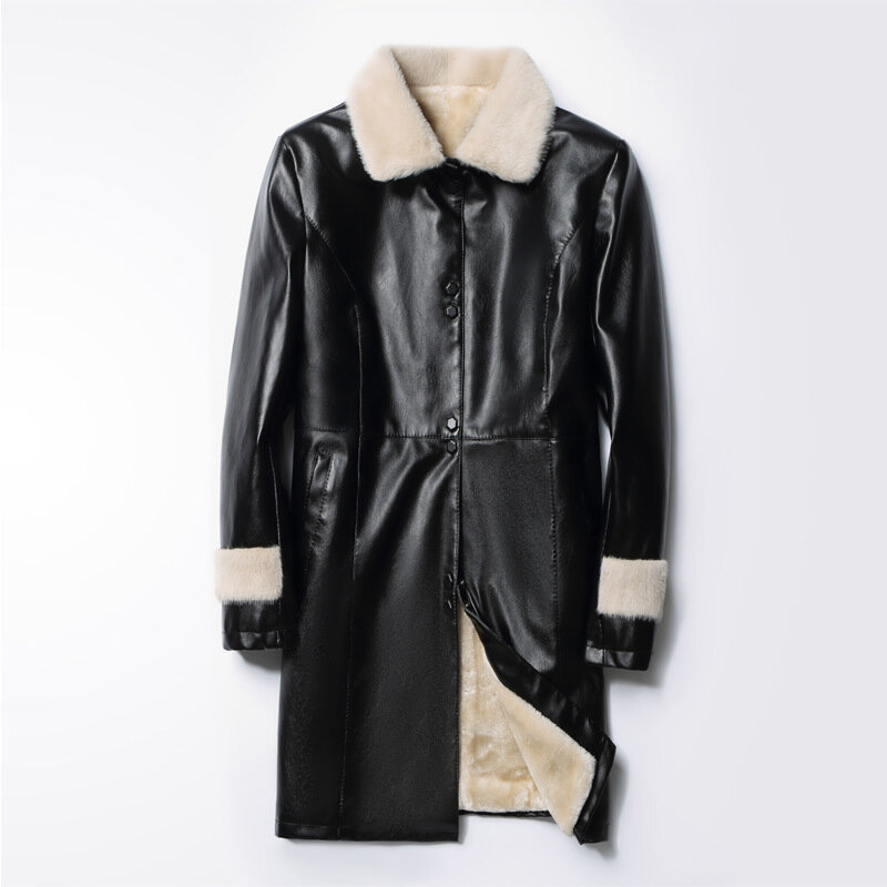 Женская зимняя ветрозащитная шуба из меха норки, Толстая теплая длинная куртка большого размера с отложным воротником, женские Куртки из искусственной кожи, пальто