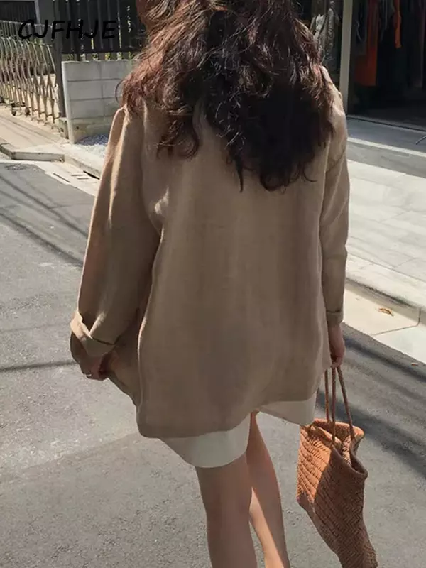 CJFHJE-Blazer de oficina para mujer, chaqueta de lino y algodón fina, informal, estilo Retro coreano, holgada, para primavera y otoño