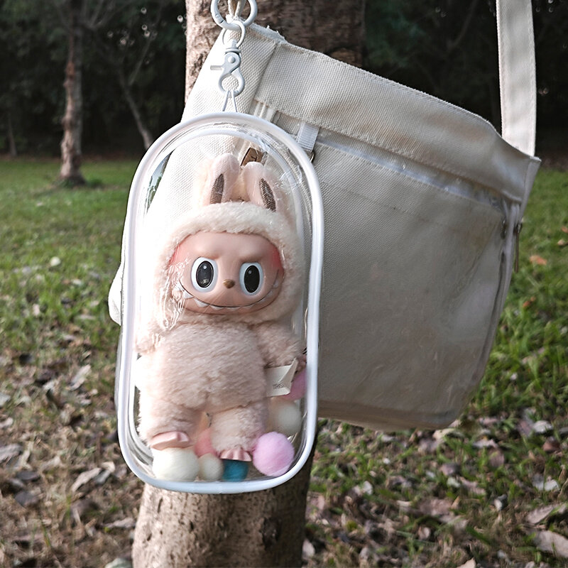 Bolsa transparente para exteriores para muñecas de peluche de dibujos animados de 18cm, Mini bolsa Kawaii transparente para llavero, Kit de garaje de figura de Anime