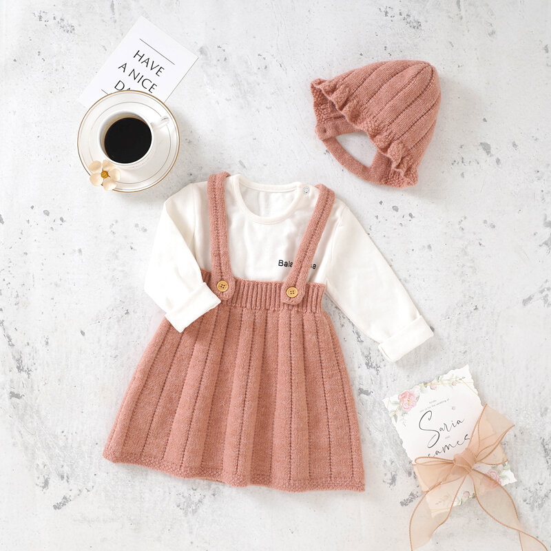 Baby Sweater Dress Knitted Solid Newborn Girl Skirt Sleeveless Autumn Summer Infant Kid Clothing Accessories Hat 2PC Gown