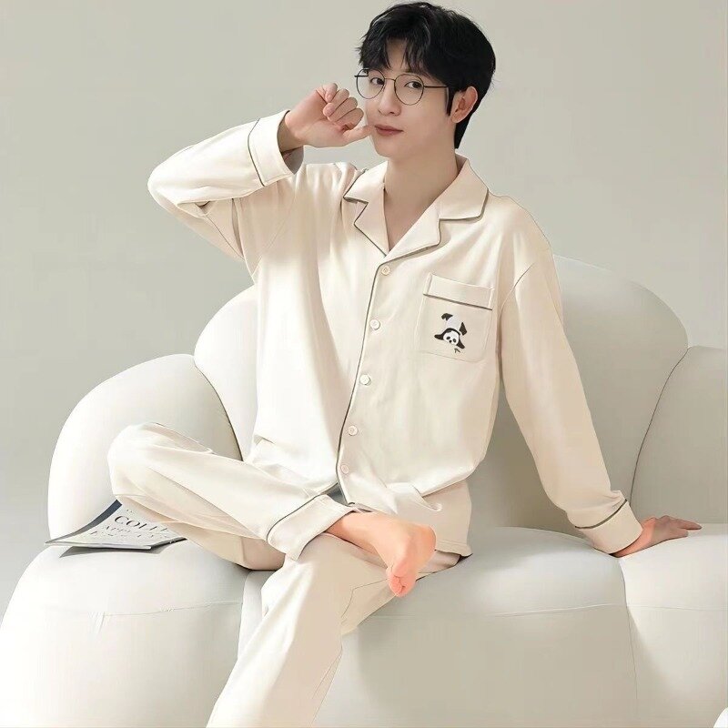 2024 Boys' Embroidered Panda Pajamas Men Autumn Winter New Soft Comfortable Sleepwear Home Suits Youth Casual Loungewear Set