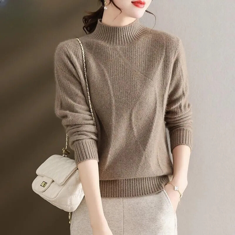 Elegancki damski sweter z golfem jesienna sweter zimowy szczupła bluzki z dzianiny luźna z długim rękawem sweter Pull Femme