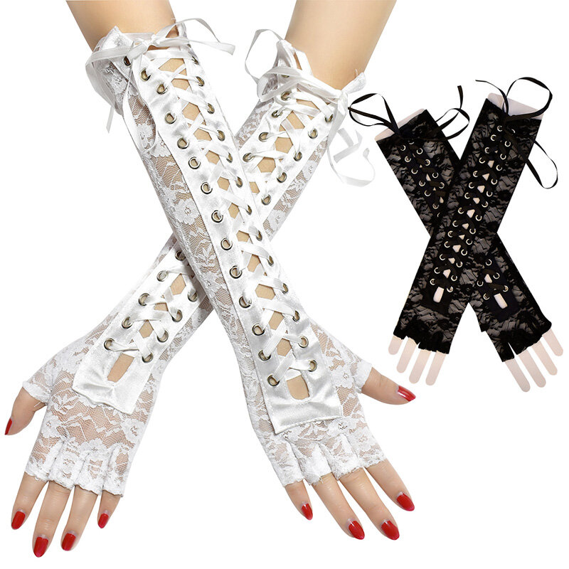 Women Gloves Long Fishnet Mesh Gloves Arm Sleeve Lace Bandage Half-Finger Gloves Satin Ribbon Ties Up Cool Gothic Punk Gloves