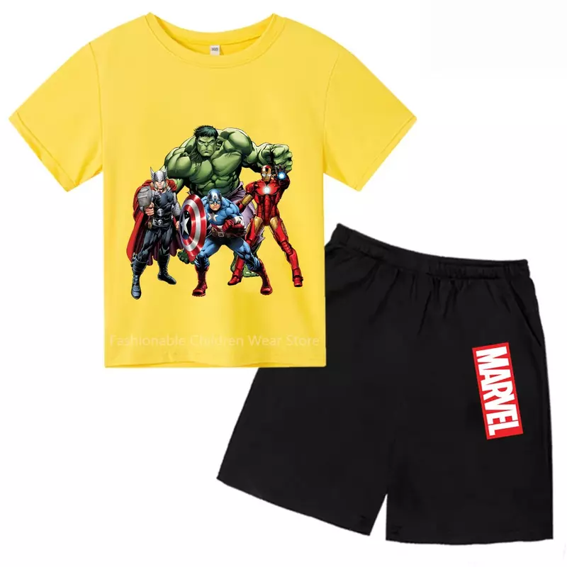 Conjunto de camiseta y pantalones cortos de dibujos animados de Los Vengadores de Marvel para niños y niñas, elegante y fresco, diversión de ocio al aire libre de verano