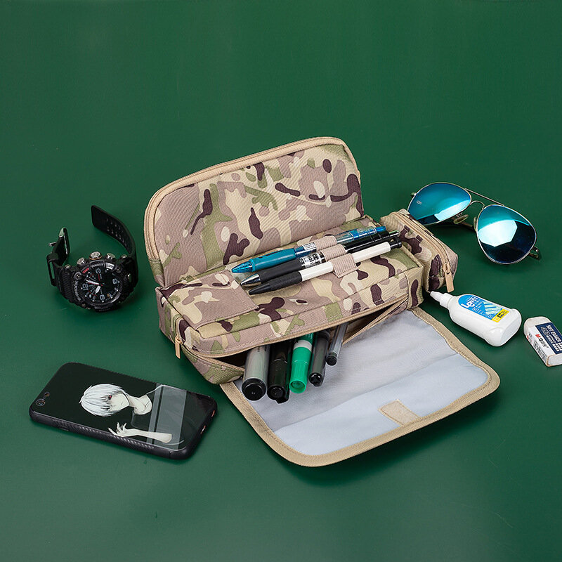 1 buah tempat pensil siswa untuk anak laki-laki, kantong pensil gaya Tentara kamuflase tas penyimpanan alat tulis kapasitas tinggi, perlengkapan sekolah