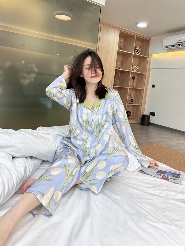 여성 2 조각 잠옷 꽃 인쇄 Pijama 가짜 실크 새틴 옷깃 잠옷 여성 잠옷 LongSleeve 셔츠 바지 Homewear