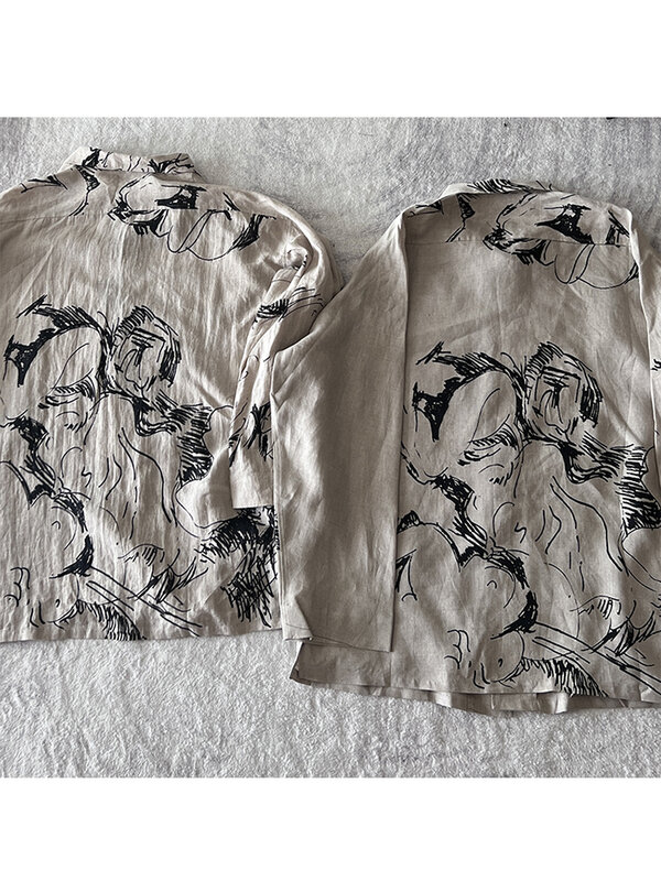 Yohji yamotos เสื้อโอเวอร์ไซส์ทำสีเชิ๊ตผ้าลินินลายวาดด้วยมือดีไซน์หรูเสื้อเชิ๊ตผู้ชาย