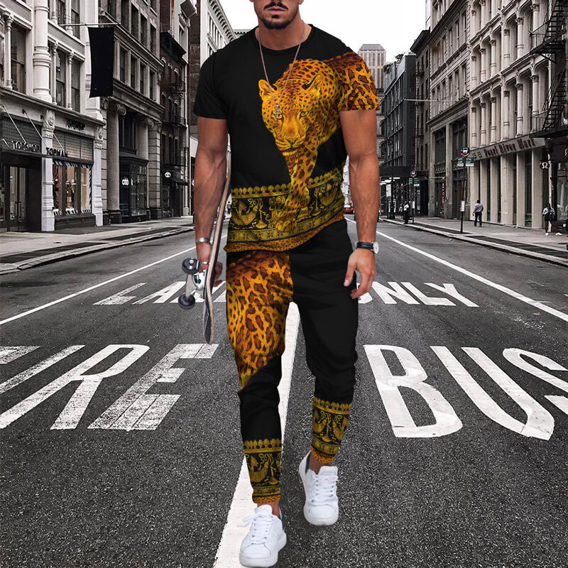 2023 Zomer Mannen 2 Stuks Oversized T-shirt Joggingpak Mode Mannen Broek Trainingspak 3D Printing Trendy Mannen kleding
