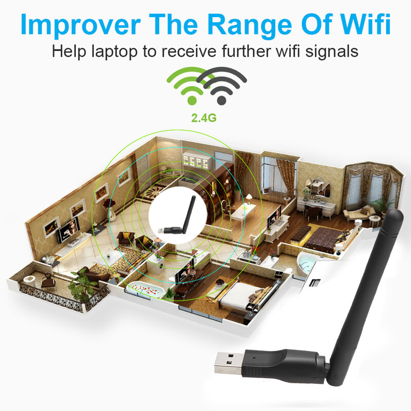 Mini adaptateur WiFi USB pour décodeur, 150Mbps MT7601, 2.4GHz, carte réseau sans fil 802.11 b /g/n, récepteur WiFi, dongle LAN, RTL8188