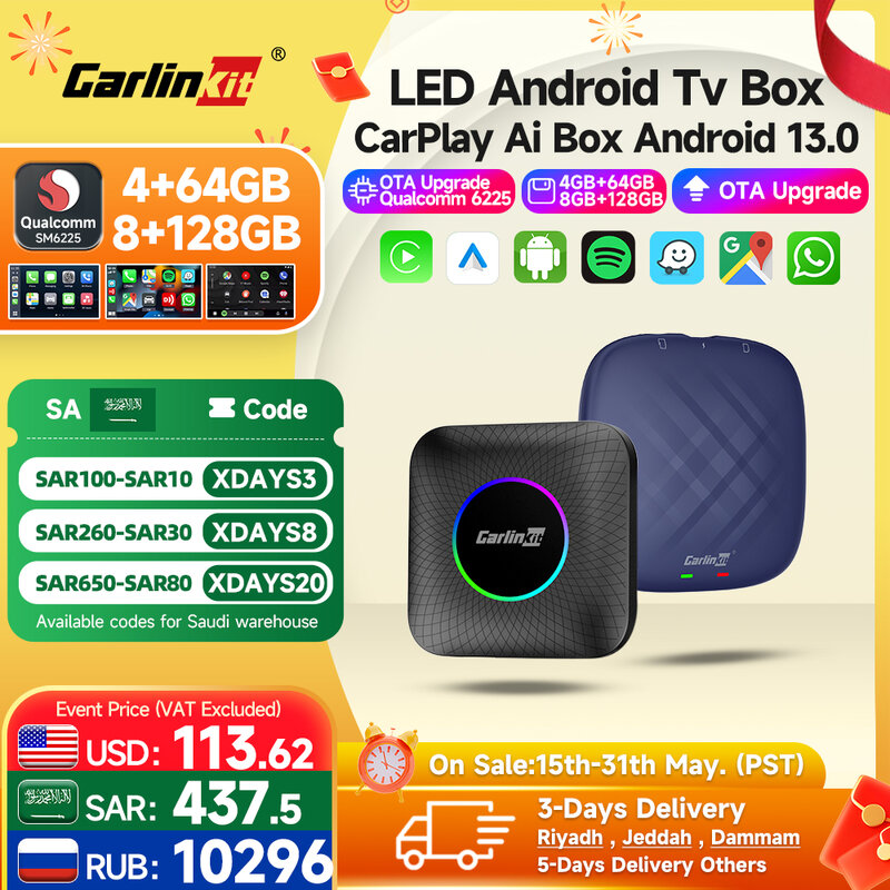 Carlinkit Ai Box Android 13 Led nirkabel, kotak Tv pintar Auto & CarPlay QCM6225 mendukung Youtube Netflix, Aksesori Mobil