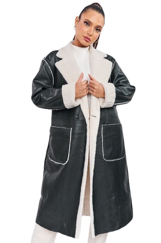 Jaket kulit PU hangat untuk wanita, mantel kulit PU ramping modis, lampu jalan tinggi, mantel kulit wanita panjang tebal beludru