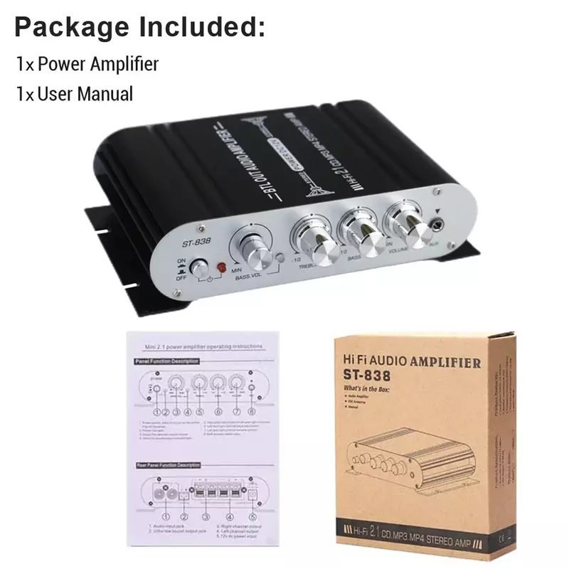 ST-838 하이파이 2.1 채널 파워 앰프, 스테레오 베이스 사운드 앰프, RMS 20W x 2, 40W, 클래스 D 미니 미디어 플레이어, MP3 자동차 블랙 홈 앰프
