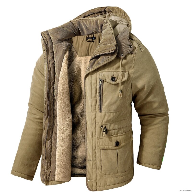 Nuova giacca invernale spessa calda da uomo Casual spessa con cappuccio antivento Parka tinta unita Plus Size Multi tasca giacca in pile da uomo