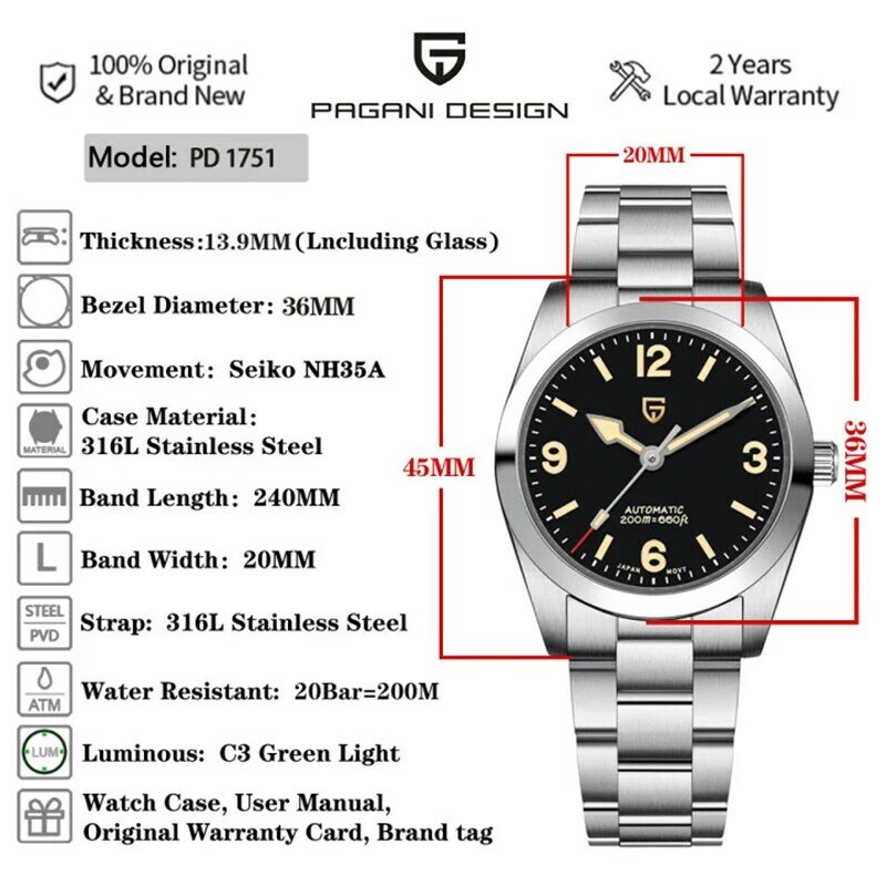 Новинка 2022 г., Мужские автоматические часы PAGANI DESIGN 36 мм, роскошные спортивные часы Explorer NH35 с сапфировым покрытием, мужские часы