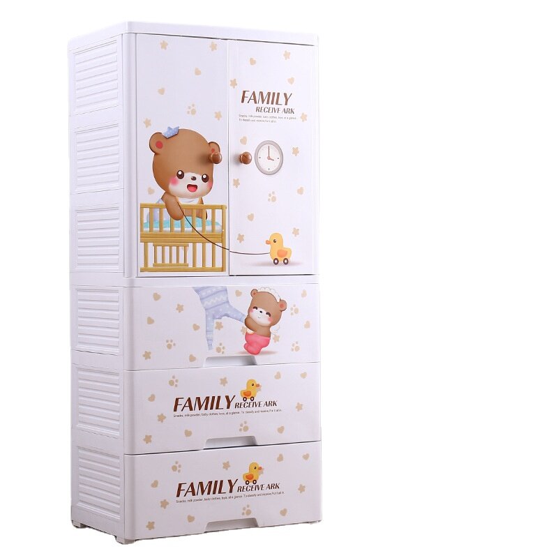 Caldo Amazon di alta qualità 60*41*114 Cm porta aperta Baby Bear armadio in plastica cartone animato con gancio e 3 cassetti