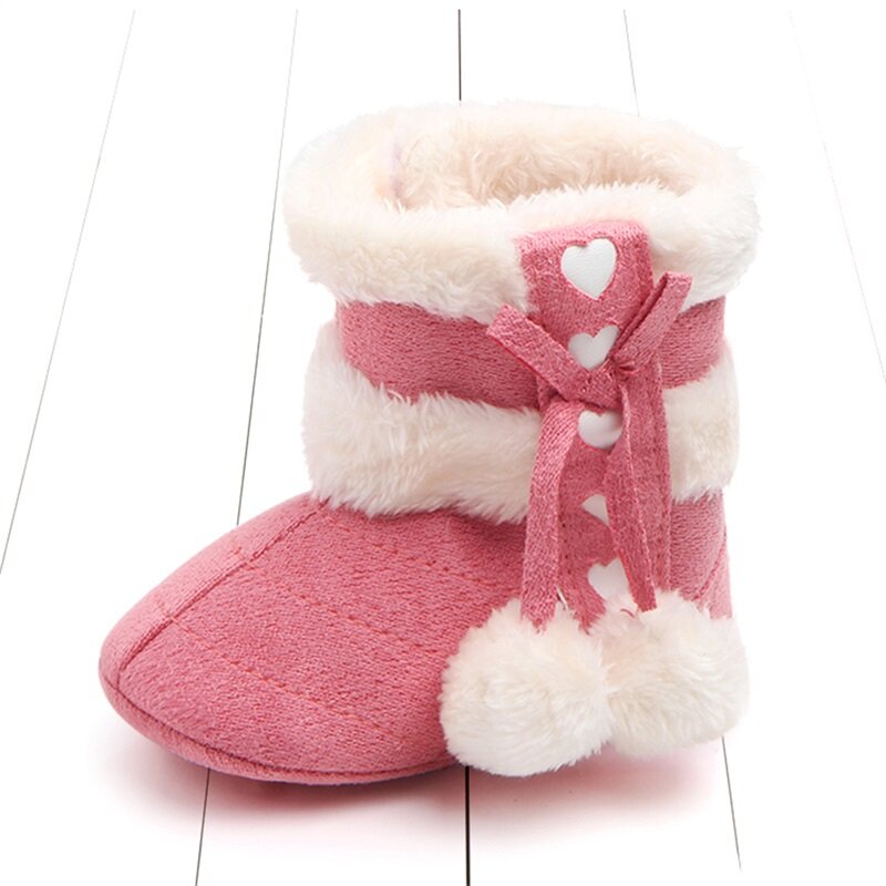 Зимние ботинки для новорожденных девочек на мягкой подошве, Нескользящие Симпатичные плюшевые теплые ботинки с бантиком и помпоном для снежной погоды, обувь для младенцев в кроватку