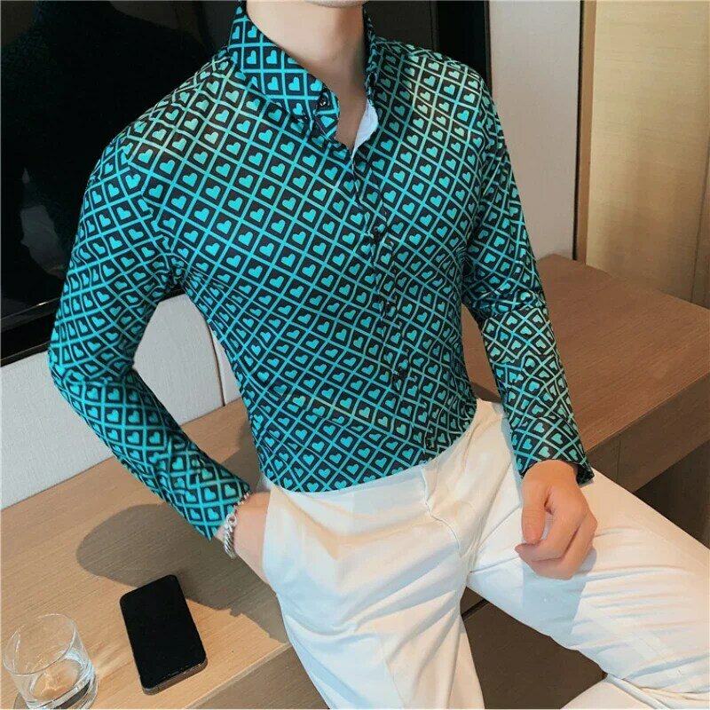 2024Long-sleeved Shirt Spring Fall Fashion Plaid Printting Slim Social Formal Dress Shirt High-quality Men Club Party Dress Tops