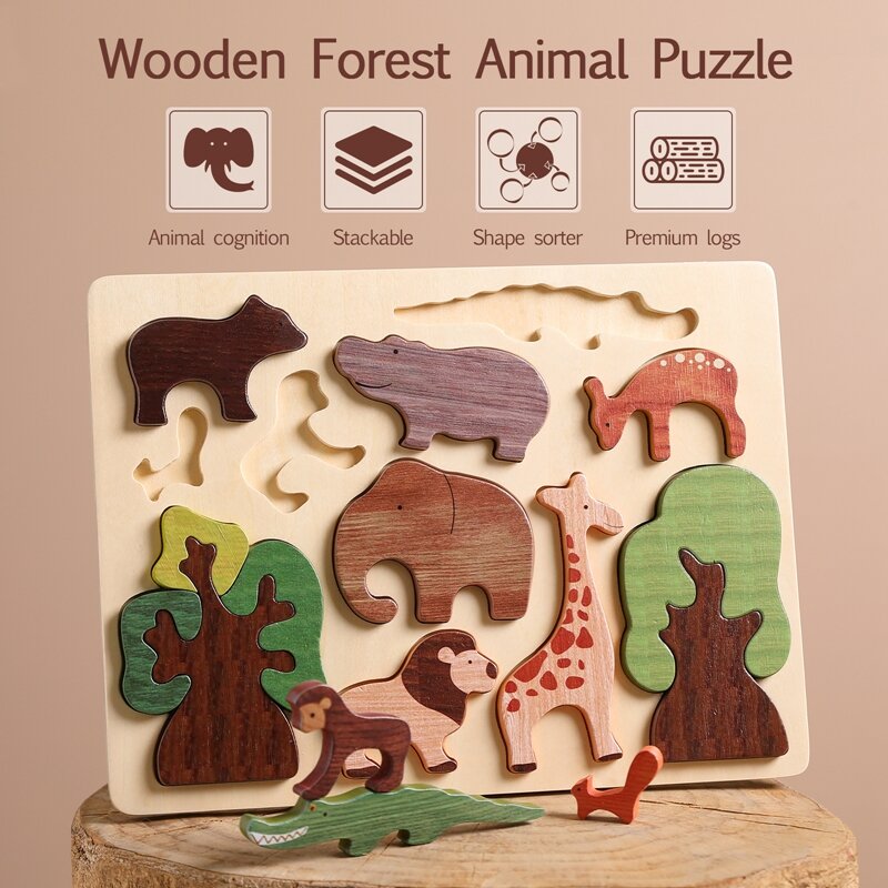 Children Wooden Toy Montessori Forest Animals Puzzle for Kids Animal Cognition Building Blocks Stacking Early Education Game