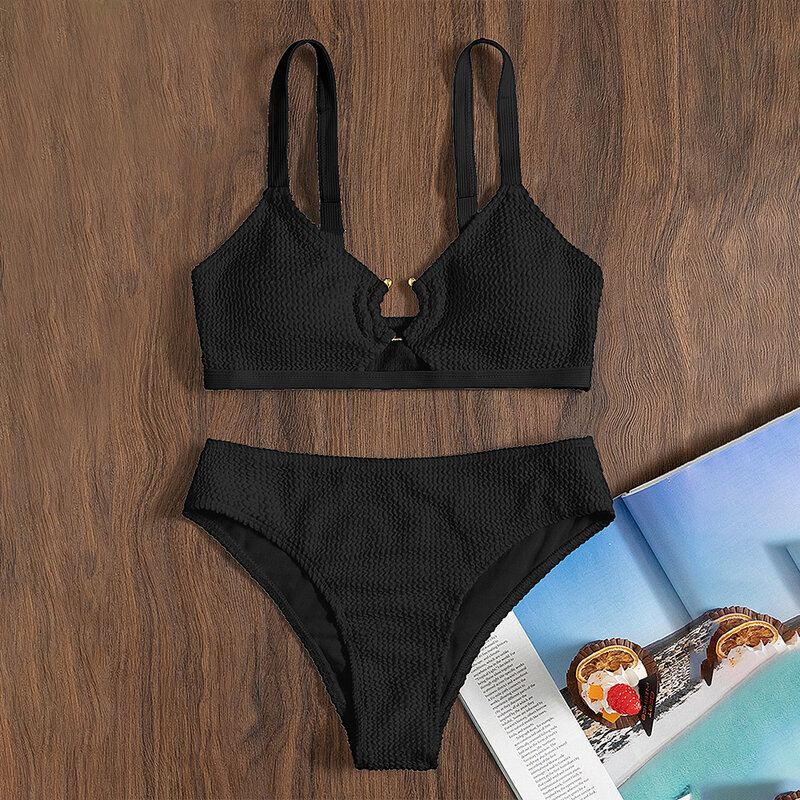 Bikini con anillas para mujer, traje de baño de cintura alta, ropa de playa de Color sólido, novedad de 2022
