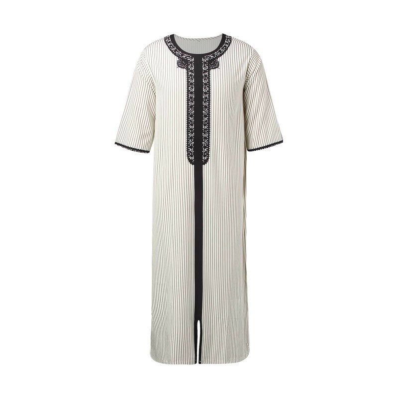 2024 Men Robe Kaftan Muslim Moroccan Casual Long Dress Arab Middle East National Traditional Costume Striped Robe Islamic Clothe