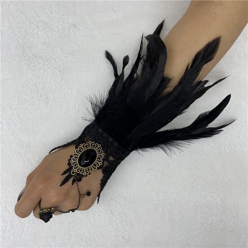 Halloween Feather koronkowe rękawiczki rękawiczki bez palców Goth sukienki na bal gotycki styl Y2k moda mosiężne kostki damskie pióro