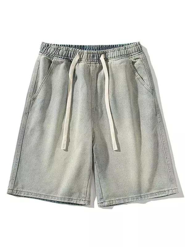 2024 Nieuwe Zomer Denim Shorts Heren Koreaanse Mode Effen Trekkoord Baggy Retro Jeans Shorts Heren Katoen Casual Korte Denim Broek