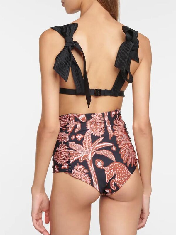 Lace-Up Print Bikini Swimsuit Set