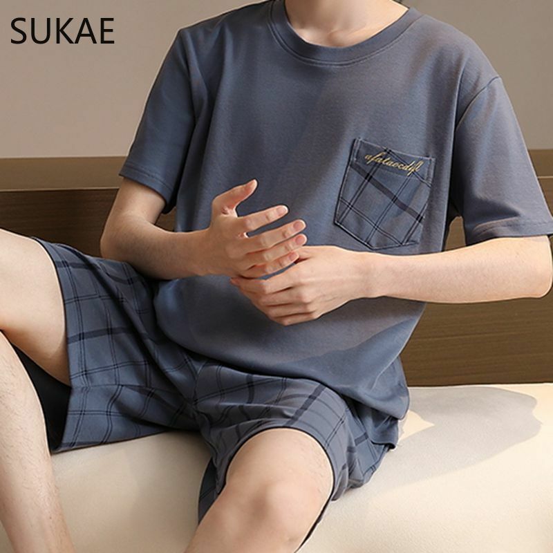 SUKAE Man's Sleepwear Summer Cotton Shorts L-5XL Plus Size Nightwear Leisure Men Pajamas Set Pullover Short Sleeves Homewear