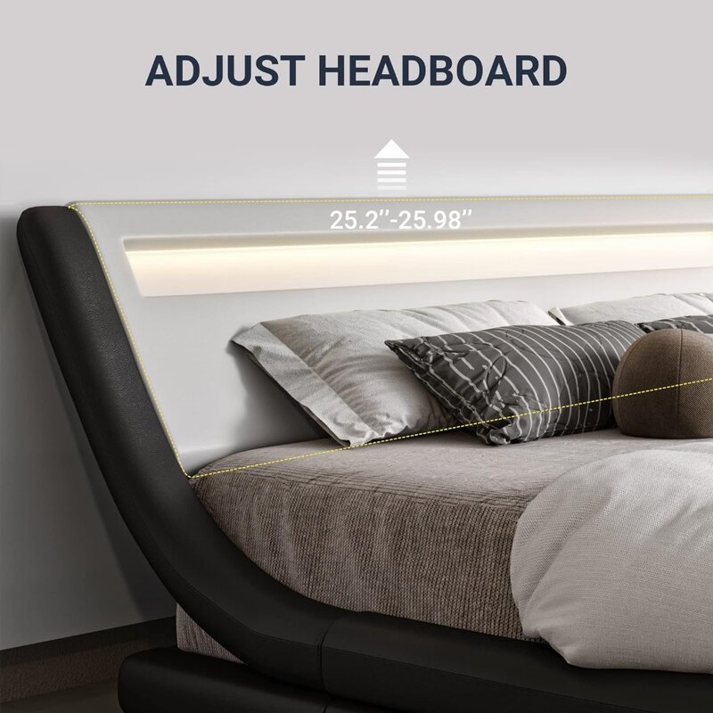 Bingkai tempat tidur penuh LED, dengan Headboard dapat disesuaikan, tidak perlu kotak pegas, kulit imitasi rangka tempat tidur penuh