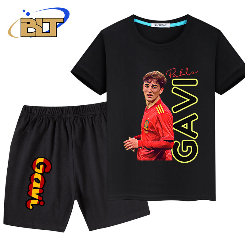 Gavi Bedrukte Kinderkleding Zomer Jongens T-Shirt Broek Sportpak Zwarte Korte Broek 2-delige Set Met Korte Mouwen