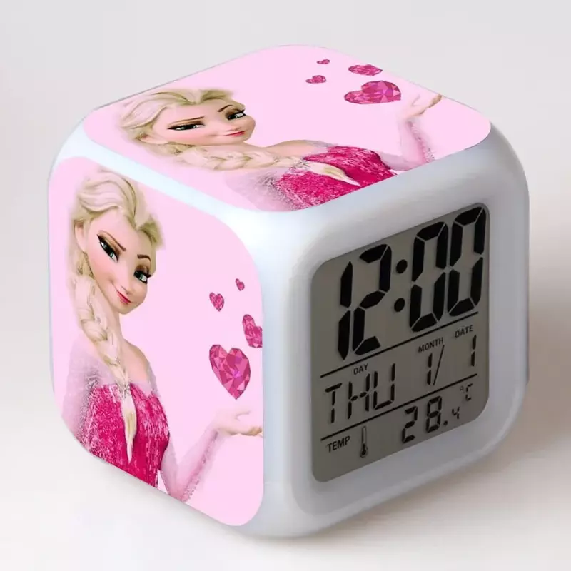 Jam Alarm LED anak-anak, Anime Frozen Elsa Anna lampu malam, Jam Alarm warna-warni, dekorasi Desktop kamar tidur, hadiah ulang tahun anak-anak