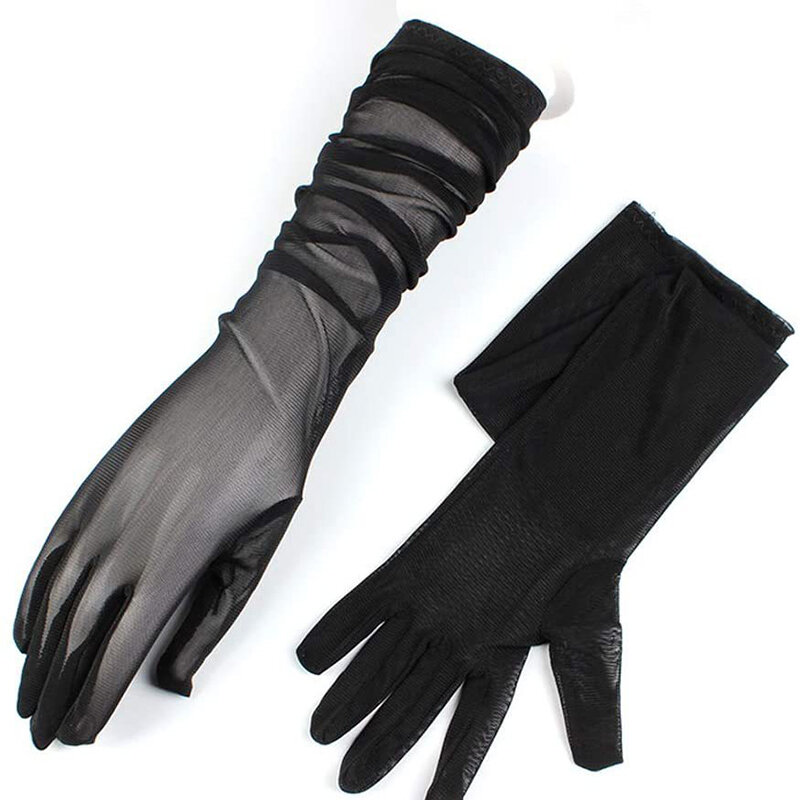 New 53CM Thin Elasticity Tulle Mesh Gloves Elegant Women Sexy Black Summer Sunscreen Gloves Female Anti-UV Driving Car Mittens