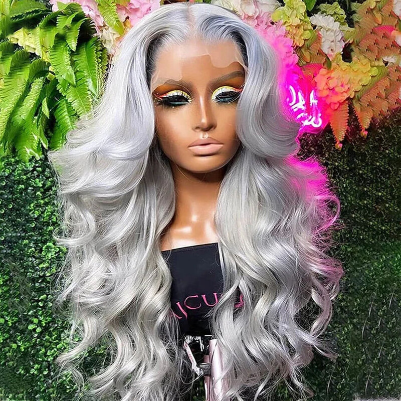Mscathy-peruca de cabelo humano virgem brasileira para mulheres, perucas frontais de renda 13x4 HD, perucas de corpo cinza, renda transparente