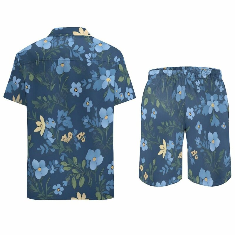 Conjunto de camisa floral masculina, lindos conjuntos de flores azuis, tamanho grande, shorts de manga curta, moda praia casual, terno verão