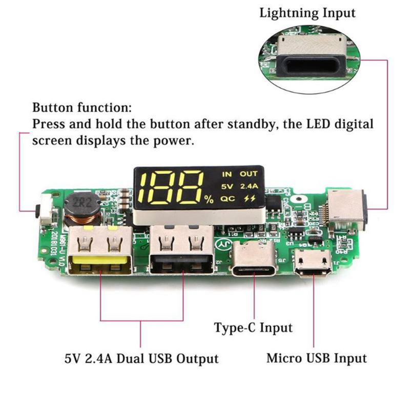 لوحة شاحن بطارية ليثيوم ، بنك طاقة متنقل ، LED ، USB مزدوج ، مايكرو ، Type-C ، 18650 وحدة شحن ، 4 قطعة ، 5 فولت ، 2.4A