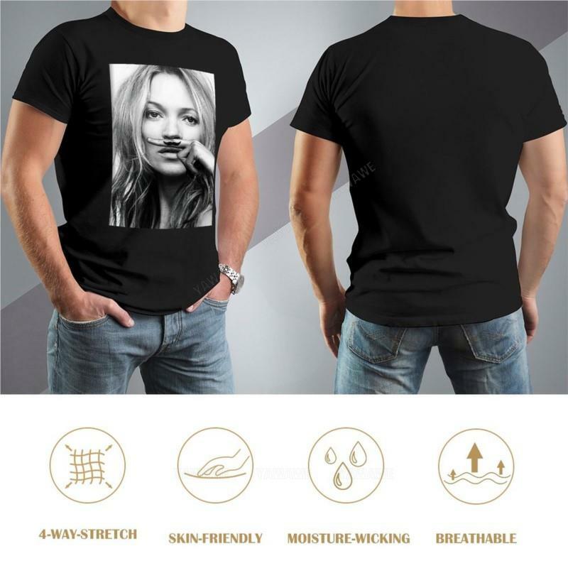 Camiseta fotográfica em preto e branco masculina, Kate Moss, bigode, tops plus size, camisetas gráficas, camisas, liso, tops