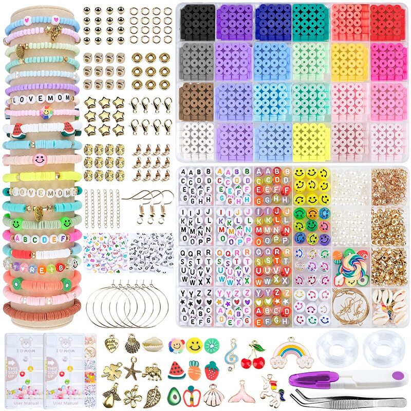 Clay Beads for Bracelet Making 24 Colors Flat Round Polymer Clay Beads 6mm Spacer with Charms Elastic Strings Clay Jewelry Diy