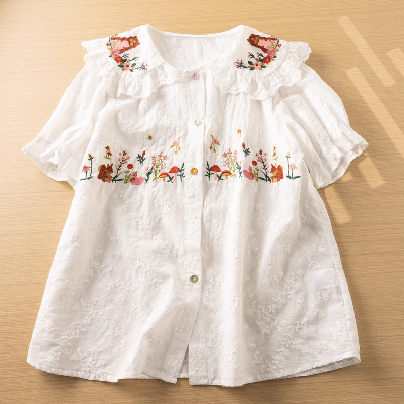 Blusa Peter Pan bordada para mulheres, 100% algodão, camisas de manga curta, doce garota Mori, estilo japão, verão