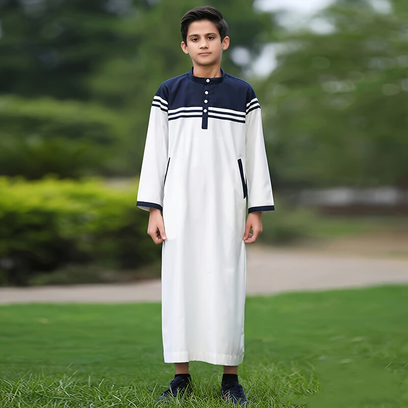 Túnica de Ramadán para niños, Túnica musulmana de Oriente Medio, Islam, Abaya árabe, Dubái, tgürkiye, Thobe, Color sólido, botón de contraste, raya, Junior