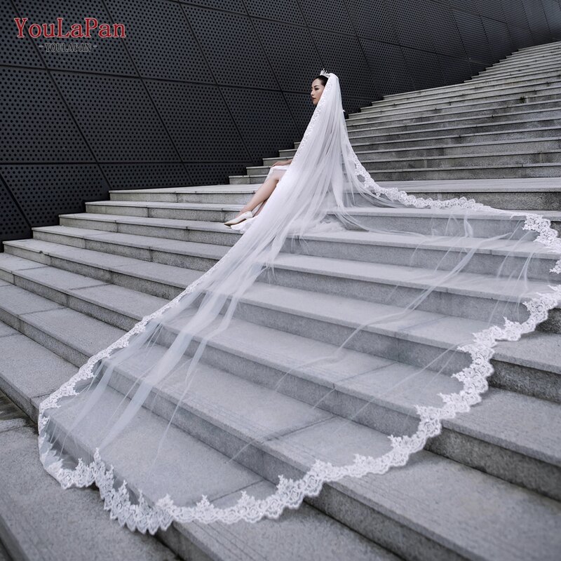 YouLaPan V152 حجاب الزفاف Mantilla الدانتيل الكامل حافة طرحة زفاف طول الكاتدرائية الإسكالوب الدانتيل تقليم طرحة زفاف ملكية طويلة اضافية