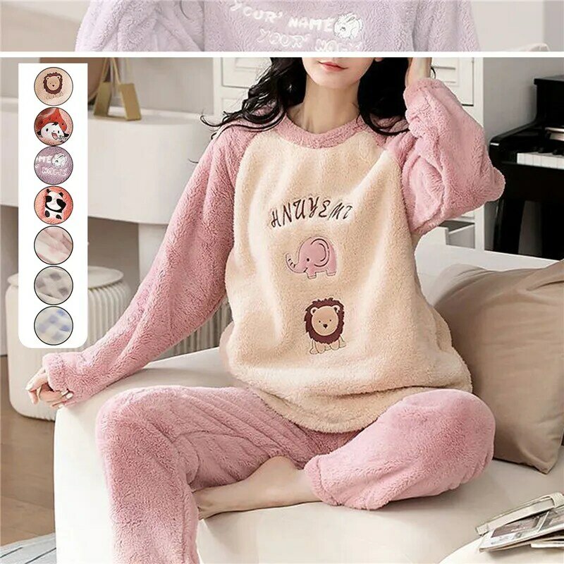 Winter Thickened Warm Woolen Pajamas Set Women'S Plush Long Sleeved Cute Cartoon Home Clothes Suit