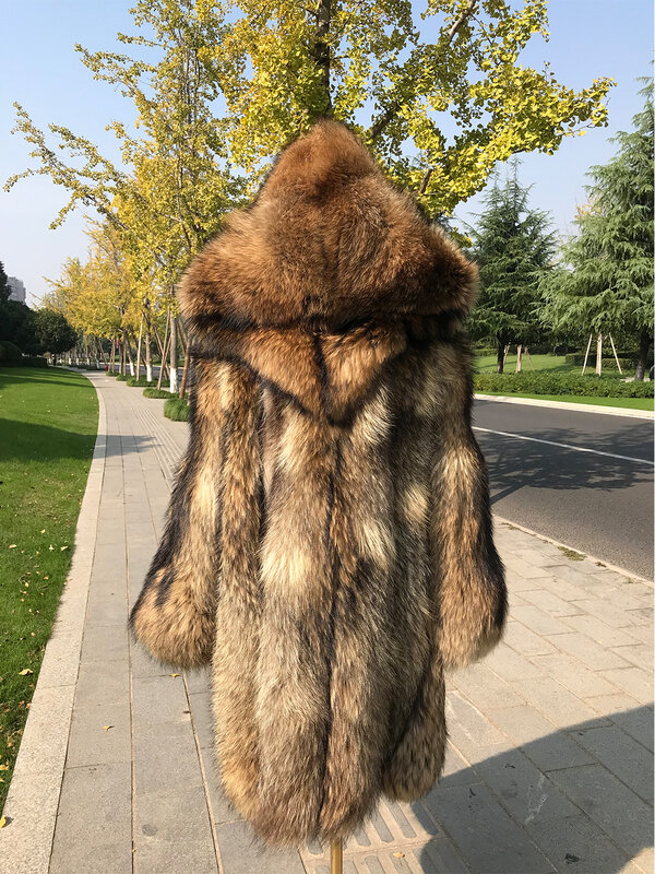 Abrigo grueso de piel de mapache para hombre, Chaqueta larga de gran tamaño, 2022