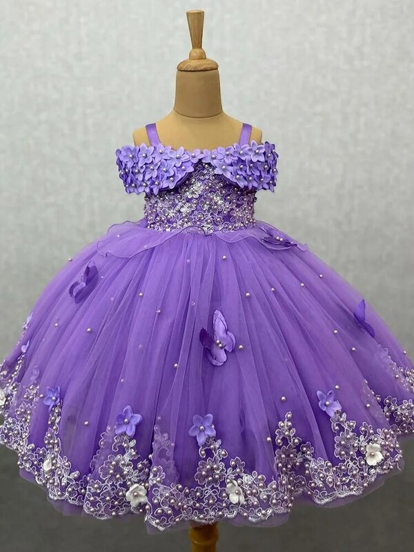 Фиолетовое Пышное Платье с цветочным принтом для девочки, свадебное Тюлевое платье с аппликацией из жемчуга, платья принцессы с круглым вырезом, детское бальное платье для дня рождения