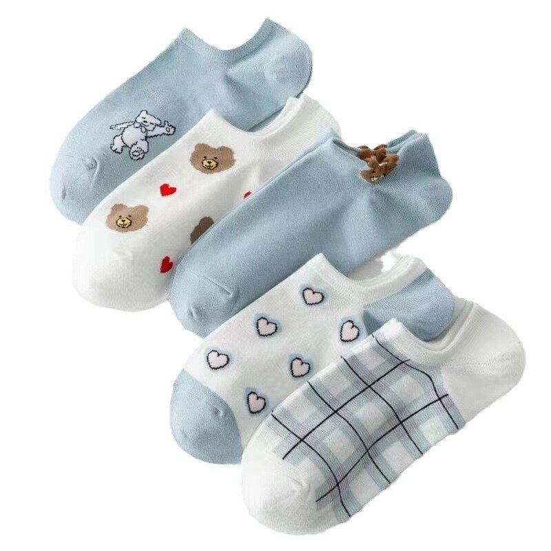 Calcetines de tubo bajo para mujer, medias transpirables estándar con patrón de oso y corazón, ideal para regalo de vacaciones, 5 pares