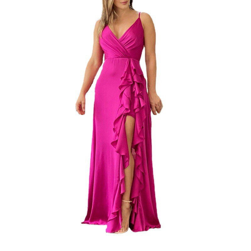 Женская одежда в европейском и американском стиле, Новинка лета 2024, платье с V-образным вырезом, высокой талией, оборками и асимметричным разрезом, длинная юбка