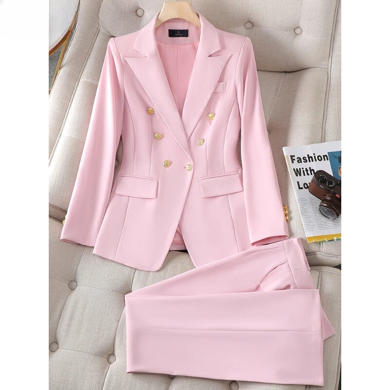 Conjunto de chaqueta y pantalón Formal con decoración de botones para mujer, ropa de trabajo, traje de pantalón, moda rosa, verde y negro, 2 piezas