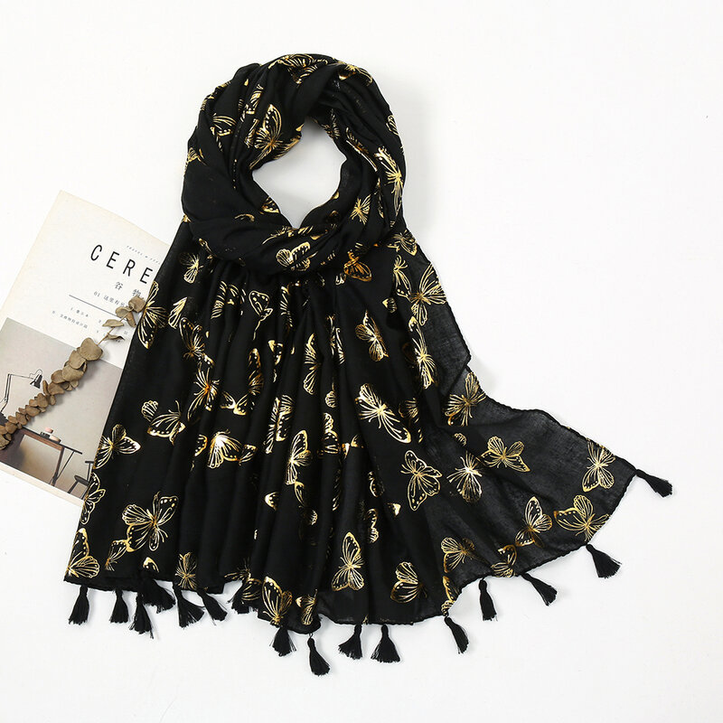 Блестящий хлопковый шарф, женский роскошный мусульманский модный хиджаб, женские шарфы с золотой бабочкой, женский шарф