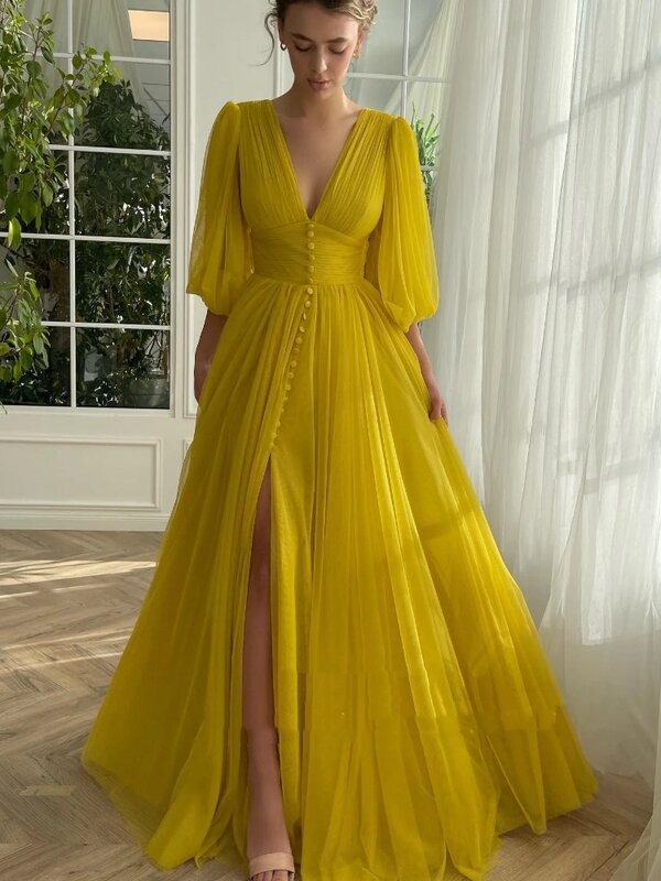 ТРАПЕЦИЕВИДНОЕ желтое бальное платье с глубоким V-образным вырезом и рукавом до локтя, женское официальное вечернее платье на пуговицах, женское платье с разрезом спереди, 2024