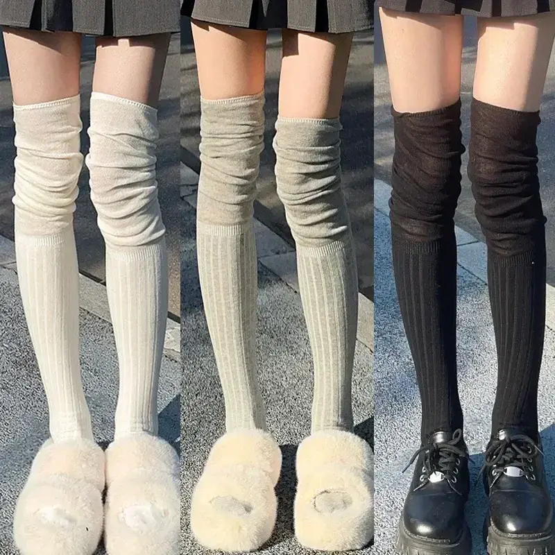 Stoking wanita, kaus kaki panjang katun hangat termal atas lutut warna polos kasual trendi wanita