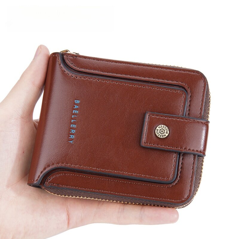 กระเป๋าสตางค์ผู้ชาย PU Leather Fashion Multi Slot Card Holder Men Purse Short Zipper Male Fold Wallets